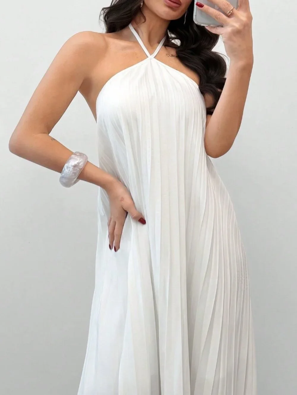 White Elegant Women's Pleated Halter Neck Maxi Dress - Picture 8 of 11